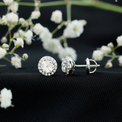 Certified 1 Carat Round Moissanite Classic Stud Earrings in Silver