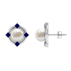 Real Freshwater Pearl and Blue Sapphire Modern Stud Earrings