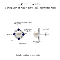 Real Freshwater Pearl and Blue Sapphire Modern Stud Earrings
