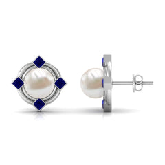 Real Freshwater Pearl and Blue Sapphire Modern Stud Earrings