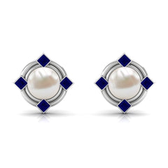 Real Freshwater Pearl and Blue Sapphire Modern Stud Earrings