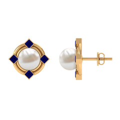 Real Freshwater Pearl and Blue Sapphire Modern Stud Earrings