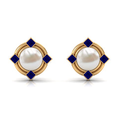 Real Freshwater Pearl and Blue Sapphire Modern Stud Earrings