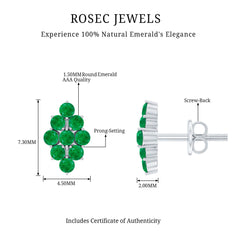 Natural Round Emerald Cluster Stud Earrings With Screw Back