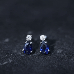 Pear Cut Blue Sapphire Diamond Two Stone Stud Earrings