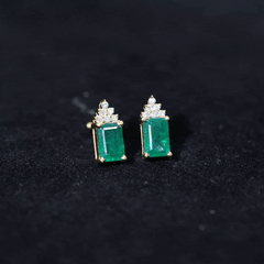Genuine 1.32 Carat Emerald Cut Emerald Stud Earrings with Diamond Cluster