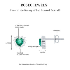 Heart Shaped Lab Created Emerald and Diamond Halo Stud Earrings