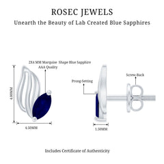 Genuine Marquise Cut Blue Sapphire Leaf Stud Earrings in Silver