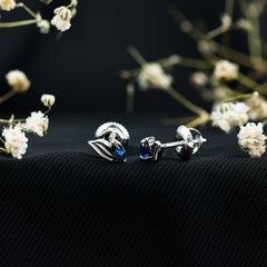 Genuine Marquise Cut Blue Sapphire Leaf Stud Earrings in Silver