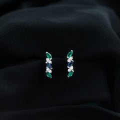 Marquise Cut Lab Created Blue Sapphire and Emerald Hoop Earrings with Moissanite