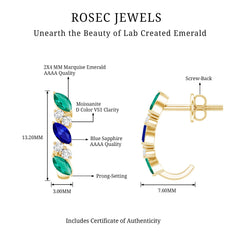 Marquise Cut Lab Created Blue Sapphire and Emerald Hoop Earrings with Moissanite