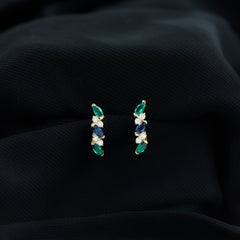 Marquise Cut Lab Created Blue Sapphire and Emerald Hoop Earrings with Moissanite