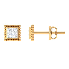 1/4 CT Real Diamond Solitaire Gold Beaded Stud Earrings