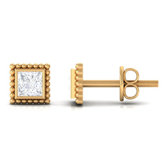 1/4 CT Real Diamond Solitaire Gold Beaded Stud Earrings