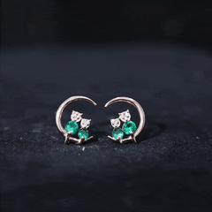 Lab Created Emerald Cat and Moon Stud Earrings