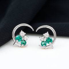 Lab Created Emerald Cat and Moon Stud Earrings