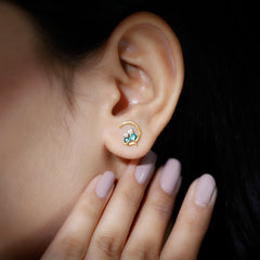 Lab Created Emerald Cat and Moon Stud Earrings