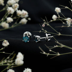 Genuine London Blue Topaz Solitaire Stud Earrings in Prong Setting