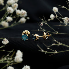 Genuine London Blue Topaz Solitaire Stud Earrings in Prong Setting