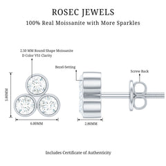 Bezel Set Round Cut Moissanite Three Stone Stud Earrings