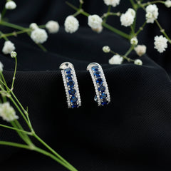 Lab Grown Blue Sapphire Half Hoop Earrings with Moissanite