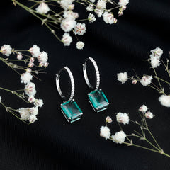 Certified 4.6 Carat Lab Created Emerald Hoop Drop Earrings in Silver