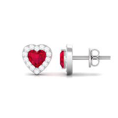 Heart Shape Lab Grown Ruby Halo Stud Earrings with Diamond