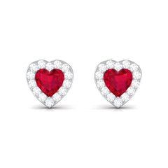 Heart Shape Lab Grown Ruby Halo Stud Earrings with Diamond