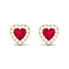 Heart Shape Lab Grown Ruby Halo Stud Earrings with Diamond