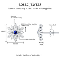 Created Blue Sapphire and Moissanite Cluster Statement Stud Earrings