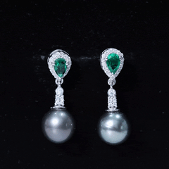 Genuine Black Pearl and Emerald Vintage Drop Earrings