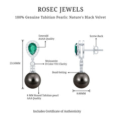 Genuine Black Pearl and Emerald Vintage Drop Earrings