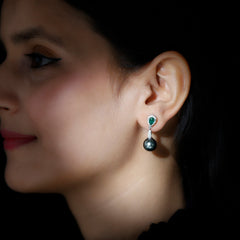 Genuine Black Pearl and Emerald Vintage Drop Earrings