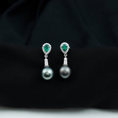 Genuine Black Pearl and Emerald Vintage Drop Earrings