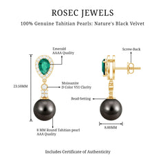 Genuine Black Pearl and Emerald Vintage Drop Earrings