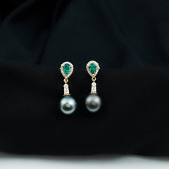 Genuine Black Pearl and Emerald Vintage Drop Earrings
