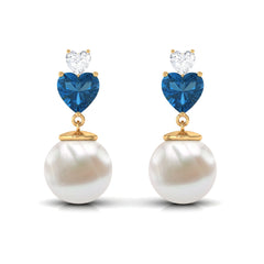 Freshwater Pearl Heart Stud Drop Earrings with London Blue Topaz and Moissanite