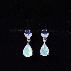 Ethiopian Opal and Created Blue Sapphire Dangle Earrings with Moissanite