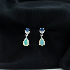 Ethiopian Opal and Created Blue Sapphire Dangle Earrings with Moissanite