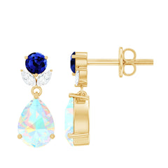 Ethiopian Opal and Created Blue Sapphire Dangle Earrings with Moissanite