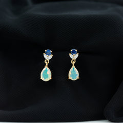 Ethiopian Opal and Created Blue Sapphire Dangle Earrings with Moissanite