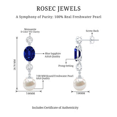 10 CT Created Blue Sapphire and Freshwater Pearl Dangle Earrings with Moissanite