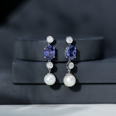 10 CT Created Blue Sapphire and Freshwater Pearl Dangle Earrings with Moissanite