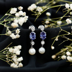 10 CT Created Blue Sapphire and Freshwater Pearl Dangle Earrings with Moissanite