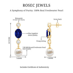 10 CT Created Blue Sapphire and Freshwater Pearl Dangle Earrings with Moissanite