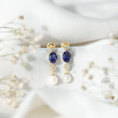 10 CT Created Blue Sapphire and Freshwater Pearl Dangle Earrings with Moissanite