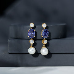 10 CT Created Blue Sapphire and Freshwater Pearl Dangle Earrings with Moissanite