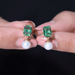 Certified Emerald Cut Lab Grown Emerald and Pearl Drop Earrings