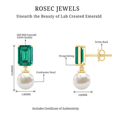 Certified Emerald Cut Lab Grown Emerald and Pearl Drop Earrings