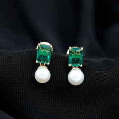 Certified Emerald Cut Lab Grown Emerald and Pearl Drop Earrings
